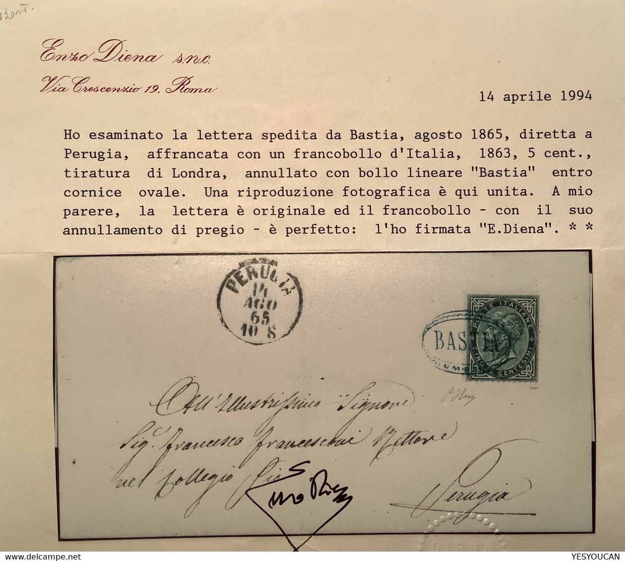 BASTIA UMBRIA RRR ! Lettera>PERUGIA1865 Regno D’ Italia 1863 L16 Certificato Enzo Diena (Italy Rare Cover Cert Italie - Marcophilie