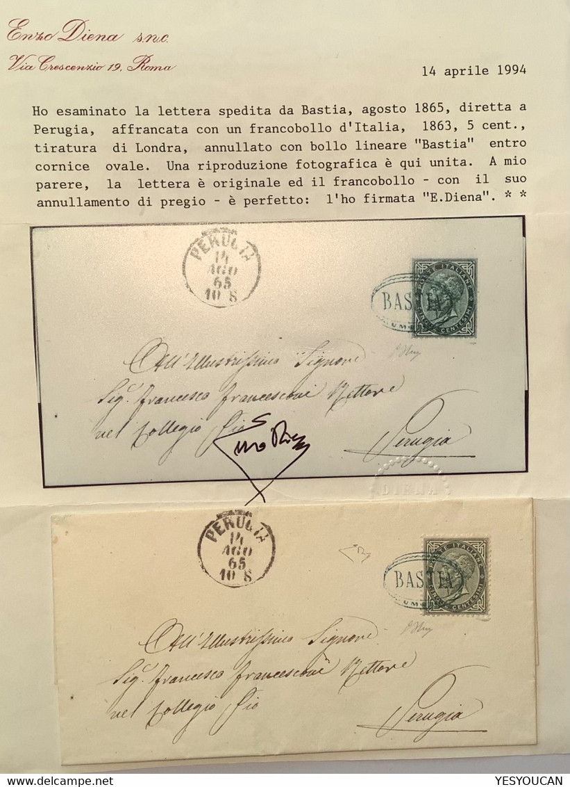 BASTIA UMBRIA RRR ! Lettera>PERUGIA1865 Regno D’ Italia 1863 L16 Certificato Enzo Diena (Italy Rare Cover Cert Italie - Marcophilia