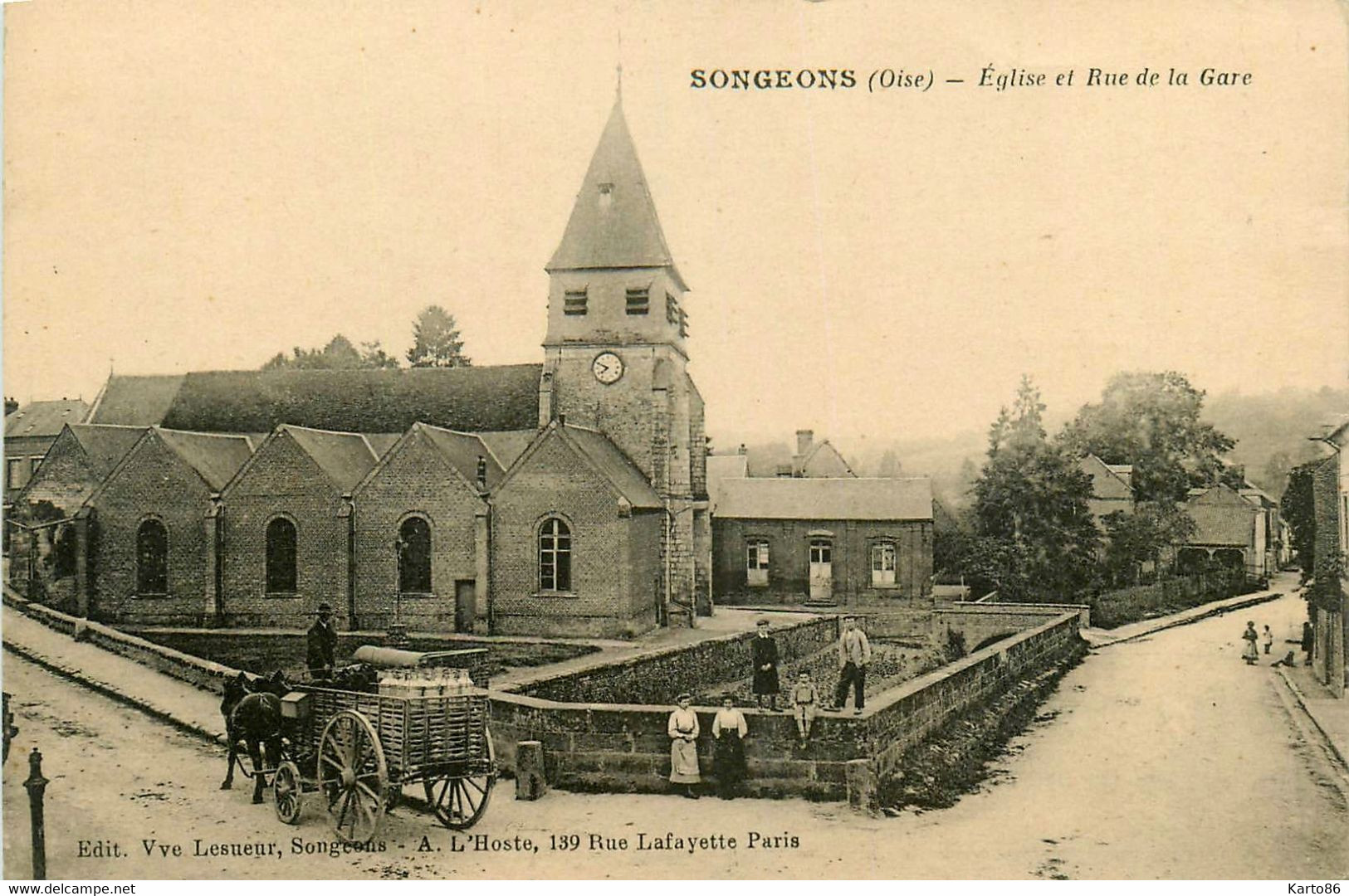 Songeons * église Et Rue De La Gare * Attelage Livreur De Lait Laitier - Songeons