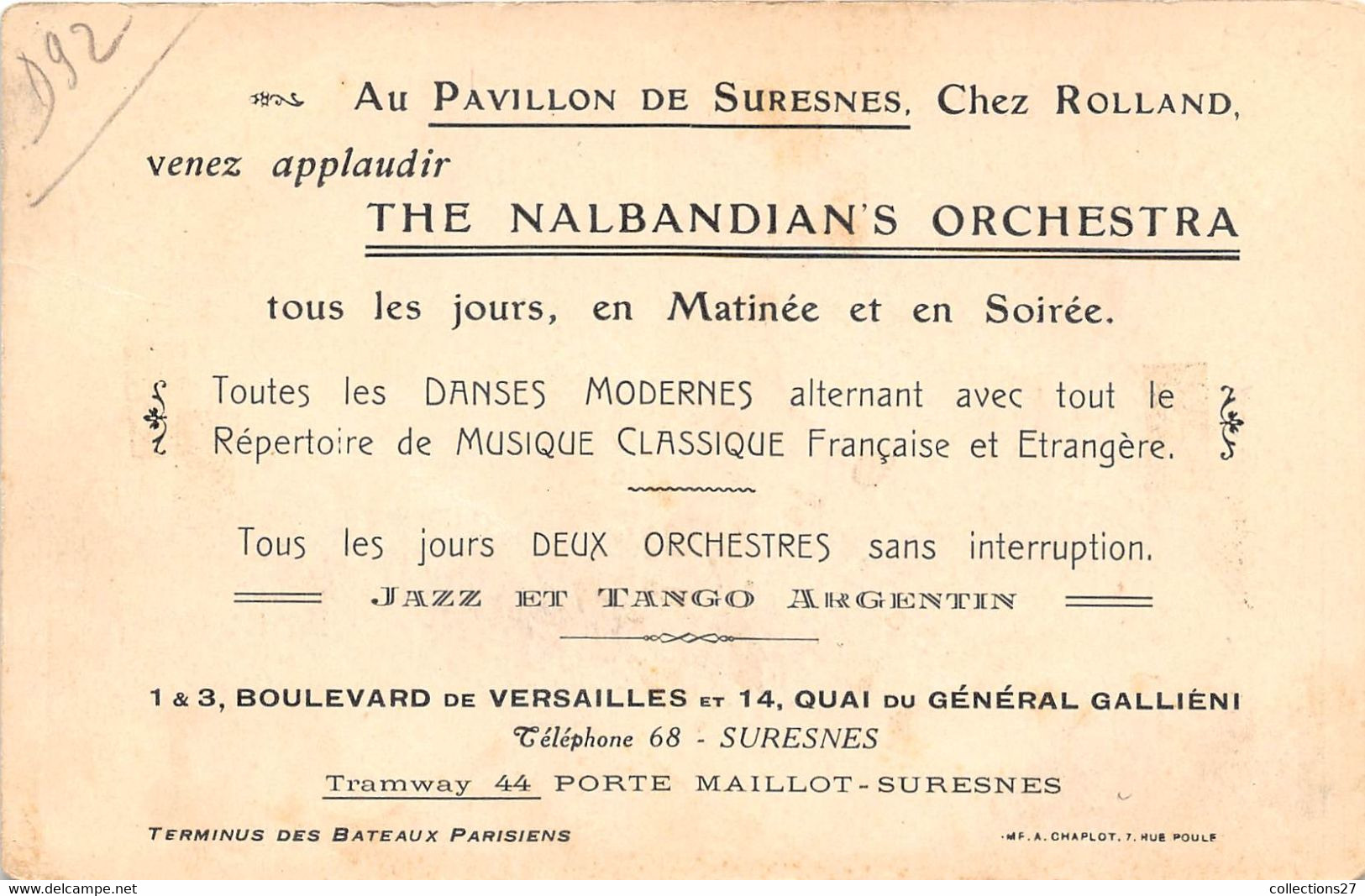 92-SURESNES- AU PAVILLON DE SURESNES CHEZ ROLLAND ORCHESTRE THE NALBANDIAN'S ARCHESTRA - Suresnes