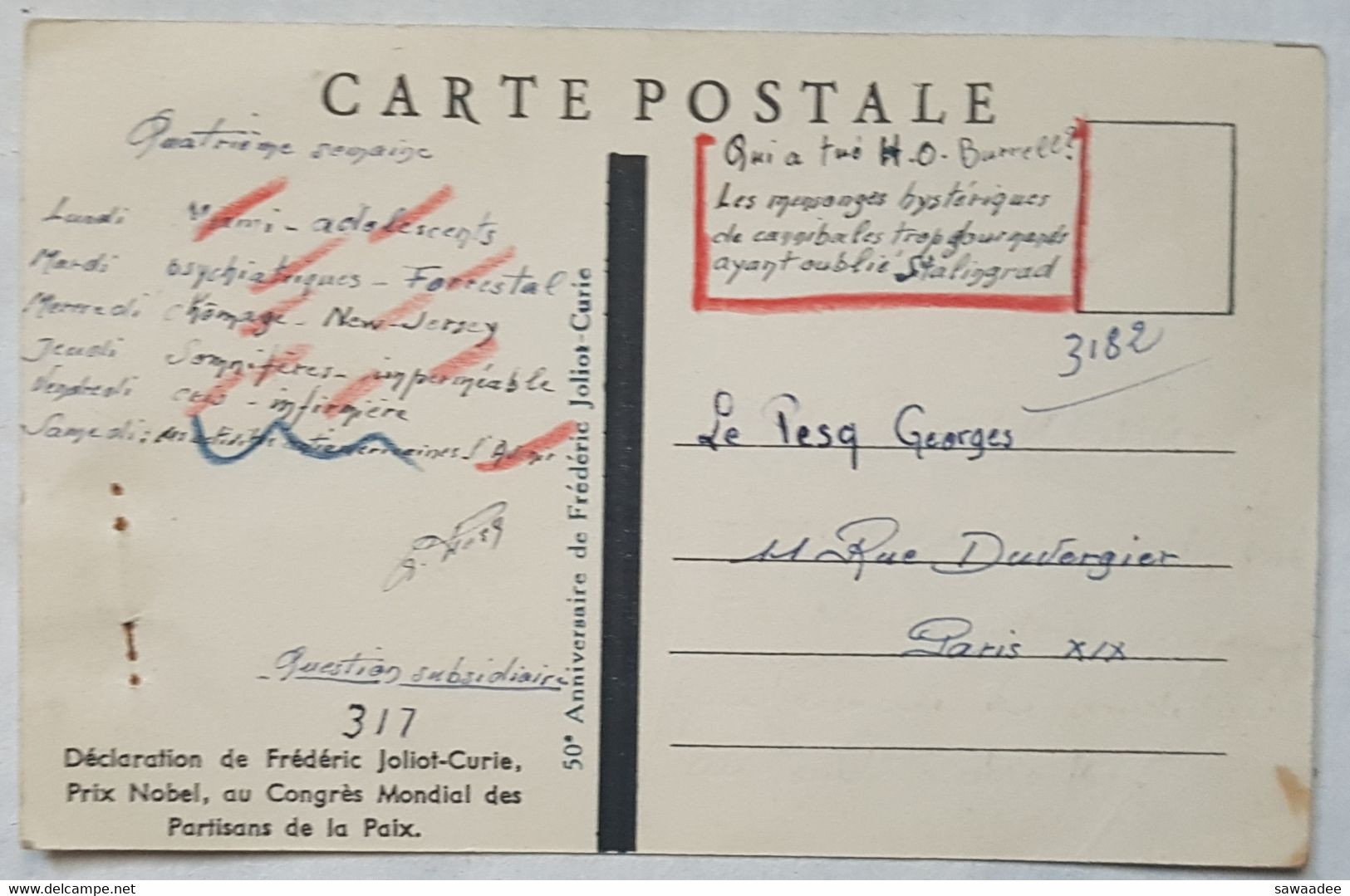 CARTE POSTALE - FRANCE - PHOTO - DECLARATION DE F. JOLIOT CURIE - CONGRES MONDIAL DES PARTISANS DE LA PAIX - SIGNATURE - Nobelprijs