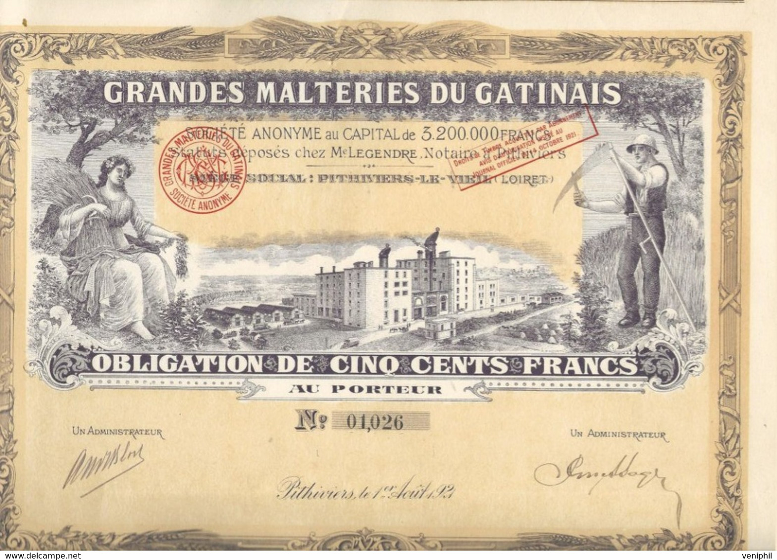 GRANDES MALTERIES DU GATINAIS- OBLIGATION  ILLUSTREE DE 500 FRS -ANNEE 1921 - Agricultura