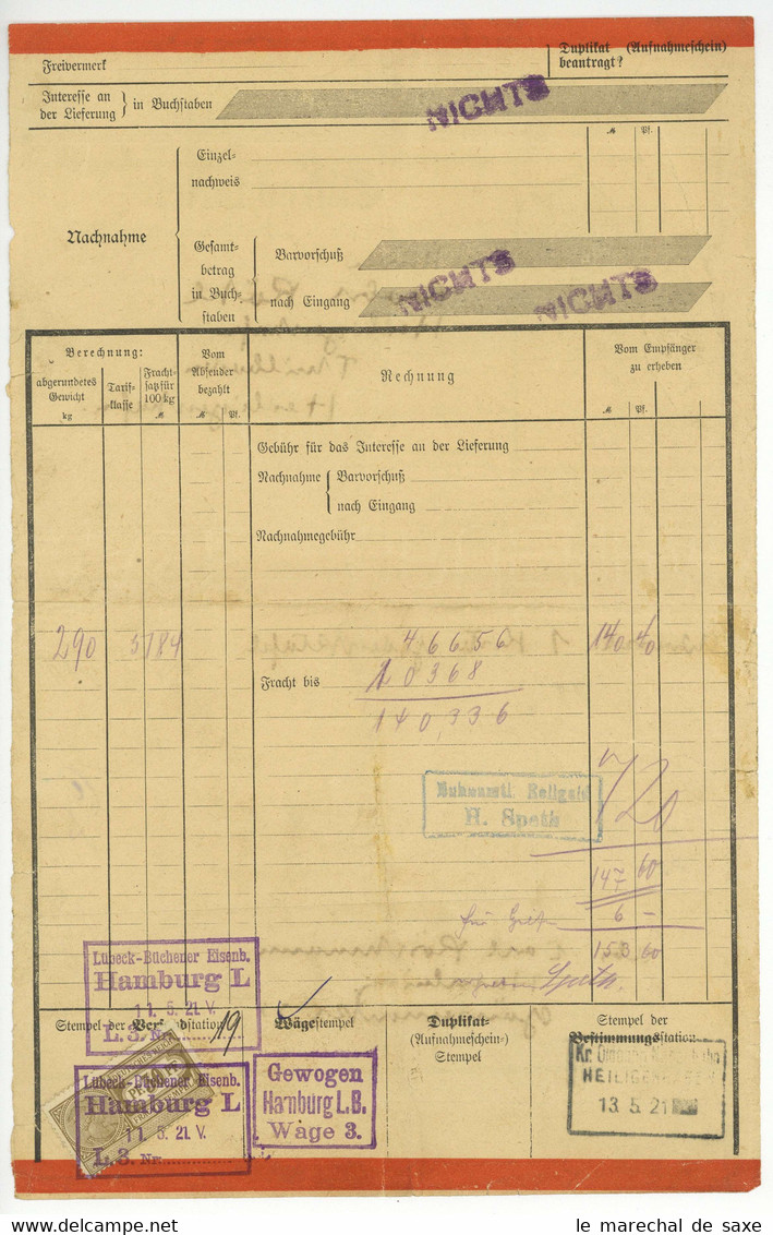 Eisenbahn Eilfrachtbrief Hamburg 1921 Lübeck Büchener Eisenbahn Halle - 1900 – 1949