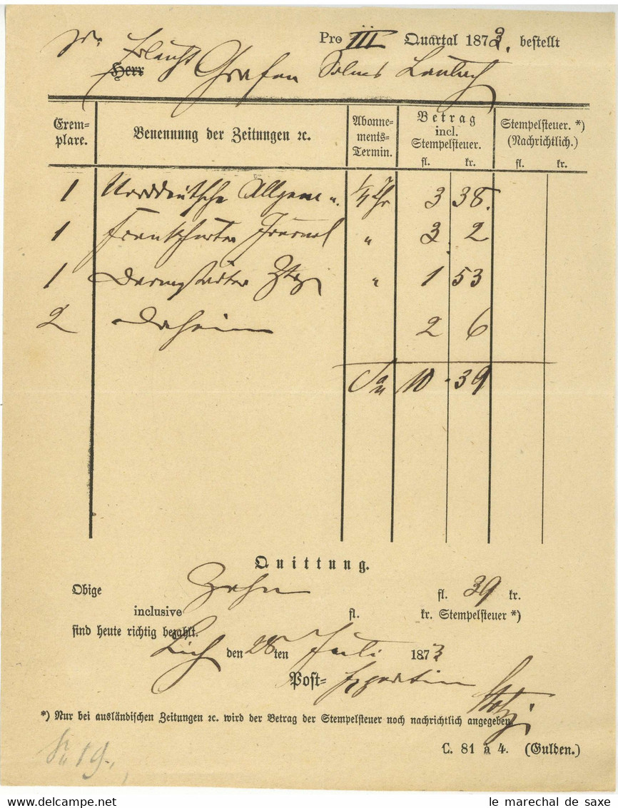 Lich Hessen Rechnung 1873 Zeitungen An Graf Solms Laubach - 1800 – 1899