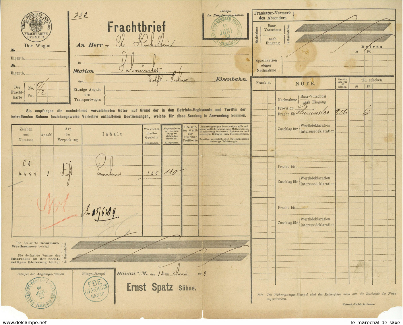 Frachtbrief 1883 Salmünster Hanau Königliche Eisenbahn Direction Frankfurt Am Main - 1800 – 1899