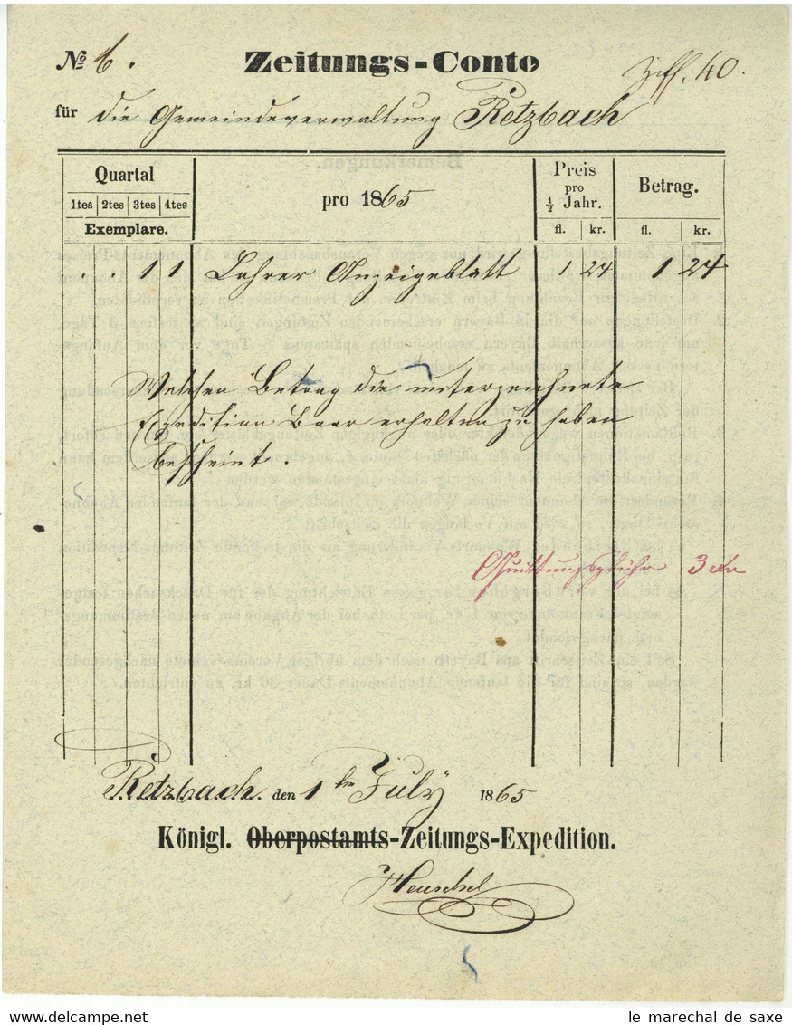 Retzbach Zellingen Main-Spessart Unterfranken 1865 Zeitungsrechnung - 1800 – 1899