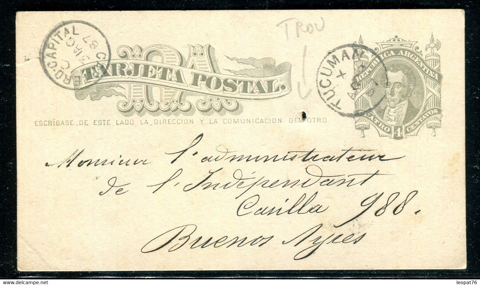 Argentine - Entier Postal De Tucuman Pour Buenos Aires En 1887 - O 164 - Enteros Postales