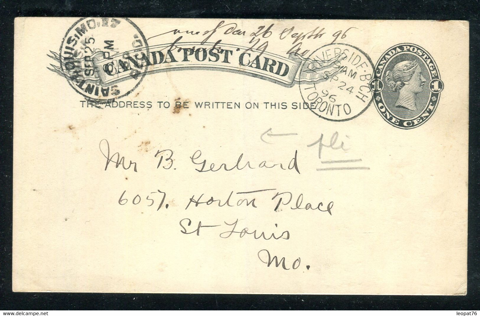 Canada - Entier Postal ( Pli Central)  De Toronto Pour St Louis En 1896 - O 172 - 1860-1899 Règne De Victoria