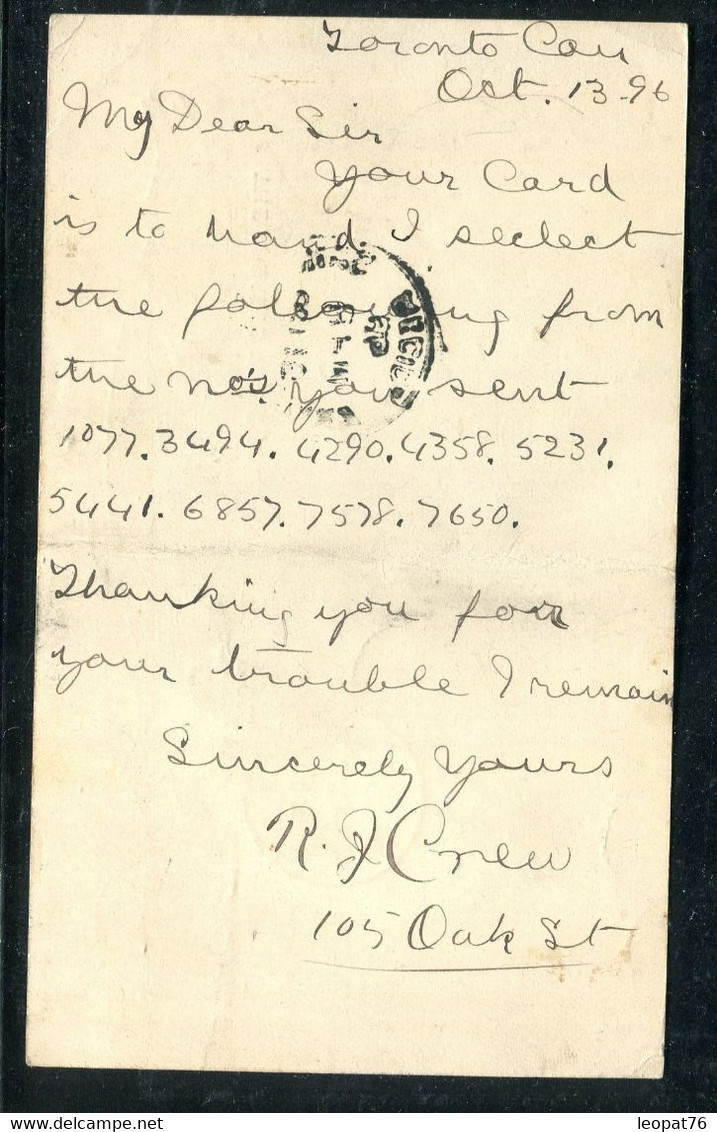 Canada - Entier Postal ( Pli Central)  De Toronto Pour St Louis En 1896 - O 173 - 1860-1899 Règne De Victoria