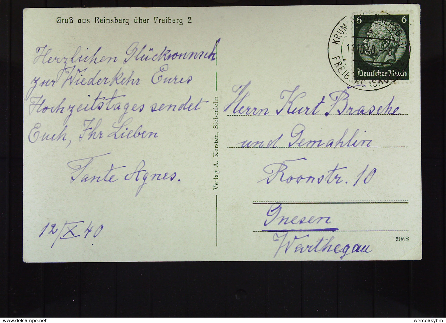 DR: Ansichtskarte Vom Schloß Reinsberg Aus KRUMMHENNERSDORF Mit 6 Pf Hindenburg Vom 12.10.40 Nach Gnesen Knr: 516 - Reinsberg (Sachsen)