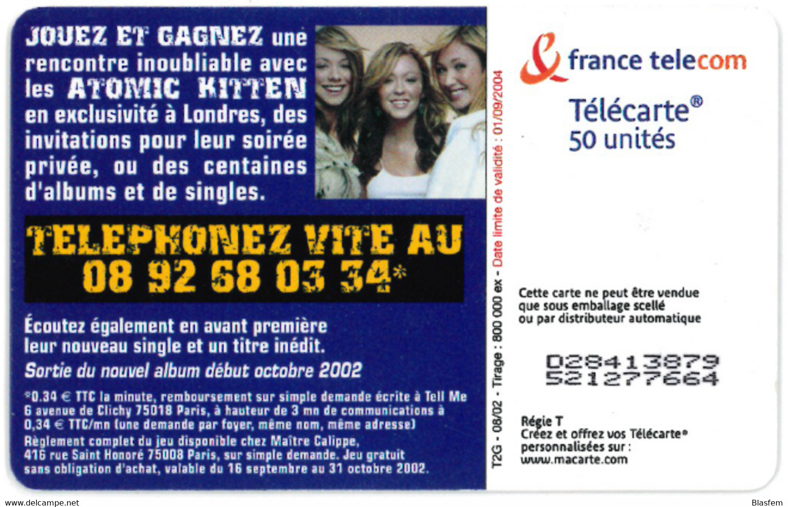 Telecarte 50 - Atomic Kitten 800 000 Ex - 06/02 - OB2 T2G Etat Courant - 2002