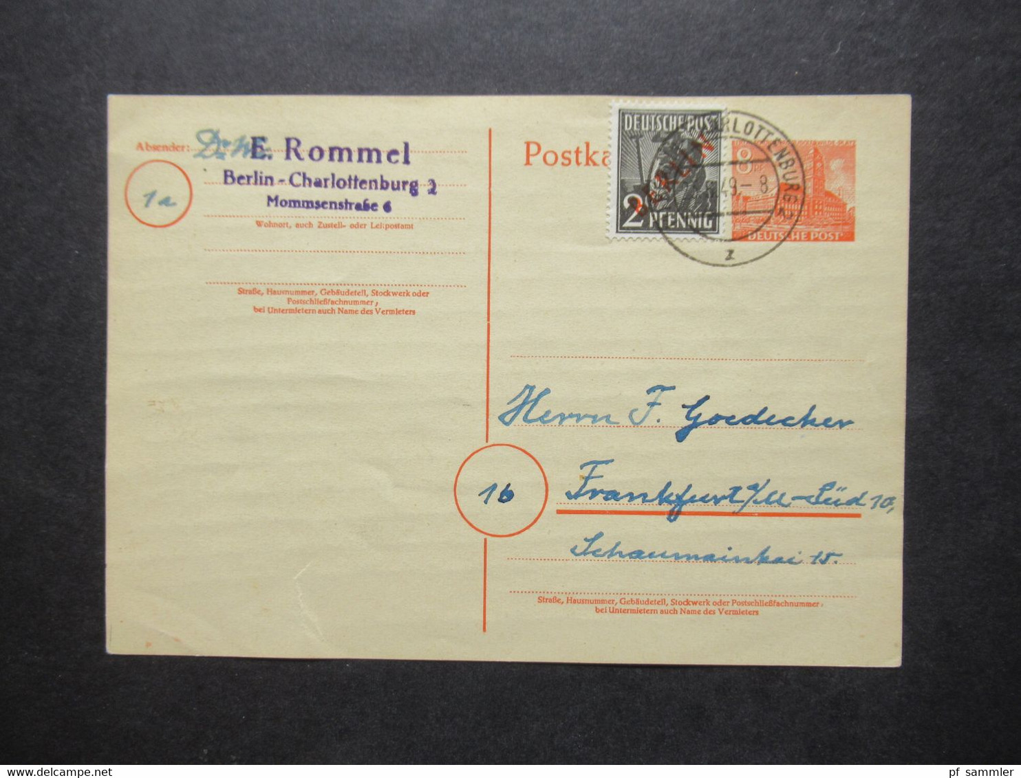 Berlin (West) 1949 GA P 4a Mit Zusatzfrankatur Rotaufdruck Als Fern PK Berlin - FFM Absender Dr. W. Rommel - Postkarten - Gebraucht