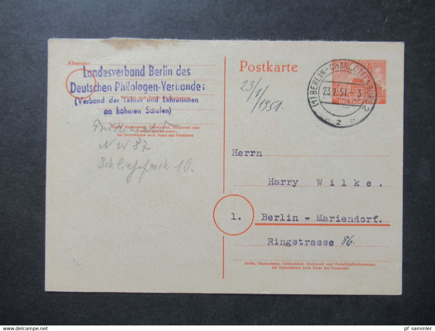 Berlin (West) 1949 GA P 4a mit Zusatzfrankatur Rotaufdruck als Fern PK Berlin - FFM Absender Dr. W. Rommel