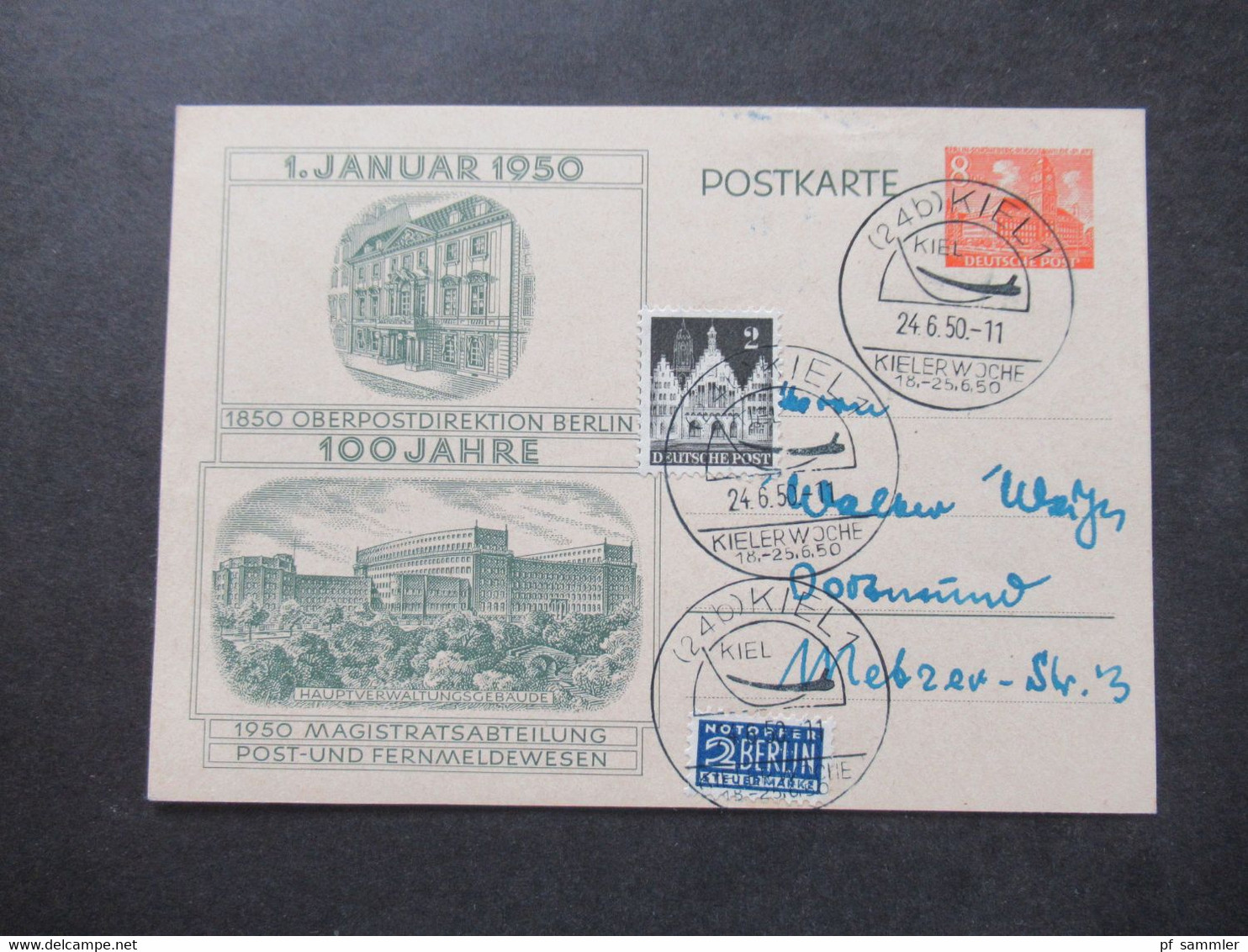 Berlin (West) 1950 Sonderpostkarte 100 Jahre Oberpostdirektion Berlin P 10 Mit ZuF Bauten Und SSt Kiel 1 Kieler Woche - Cartes Postales - Oblitérées