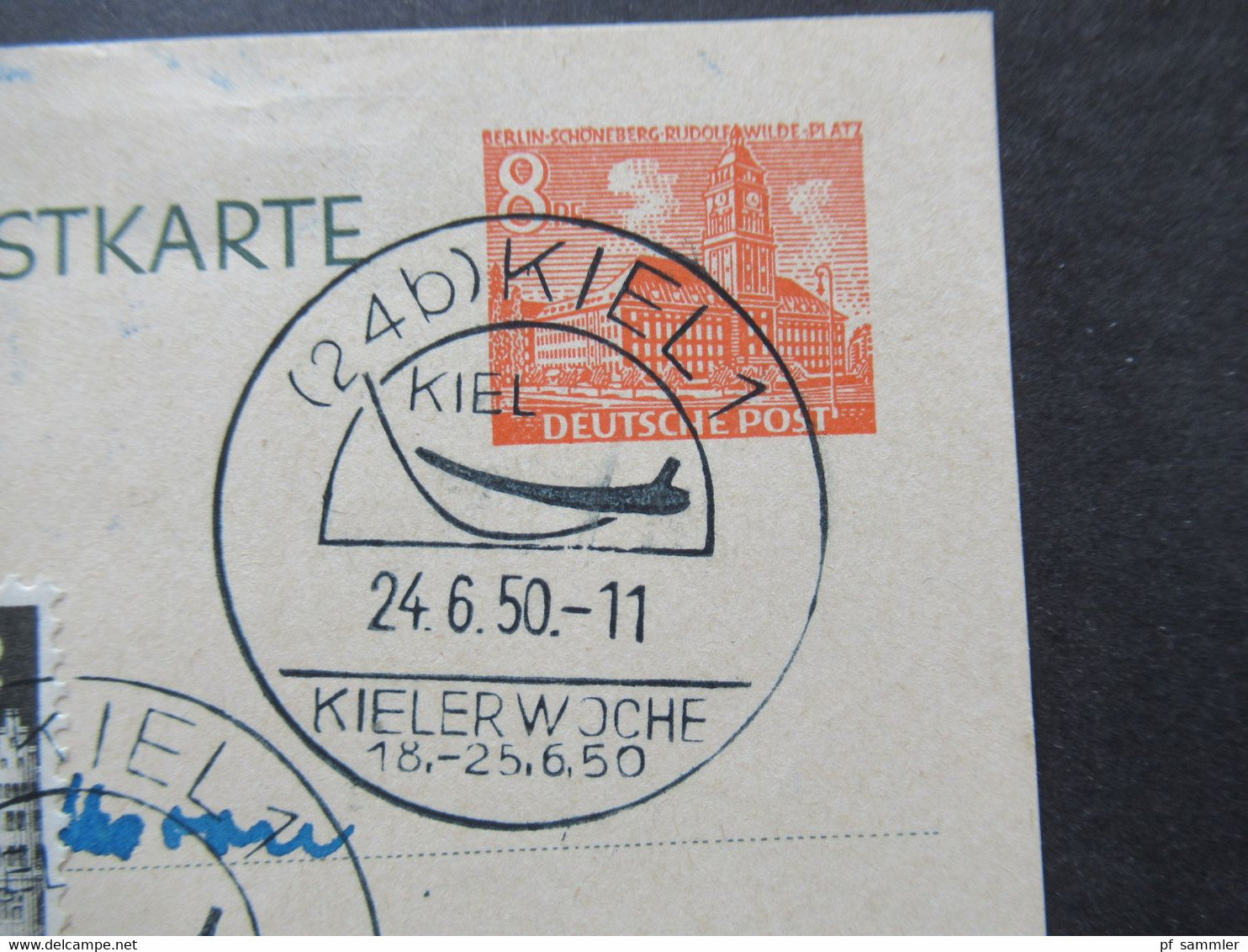 Berlin (West) 1950 Sonderpostkarte 100 Jahre Oberpostdirektion Berlin P 10 Mit ZuF Bauten Und SSt Kiel 1 Kieler Woche - Postales - Usados