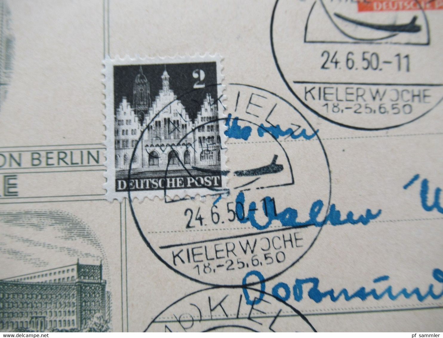 Berlin (West) 1950 Sonderpostkarte 100 Jahre Oberpostdirektion Berlin P 10 Mit ZuF Bauten Und SSt Kiel 1 Kieler Woche - Postkarten - Gebraucht