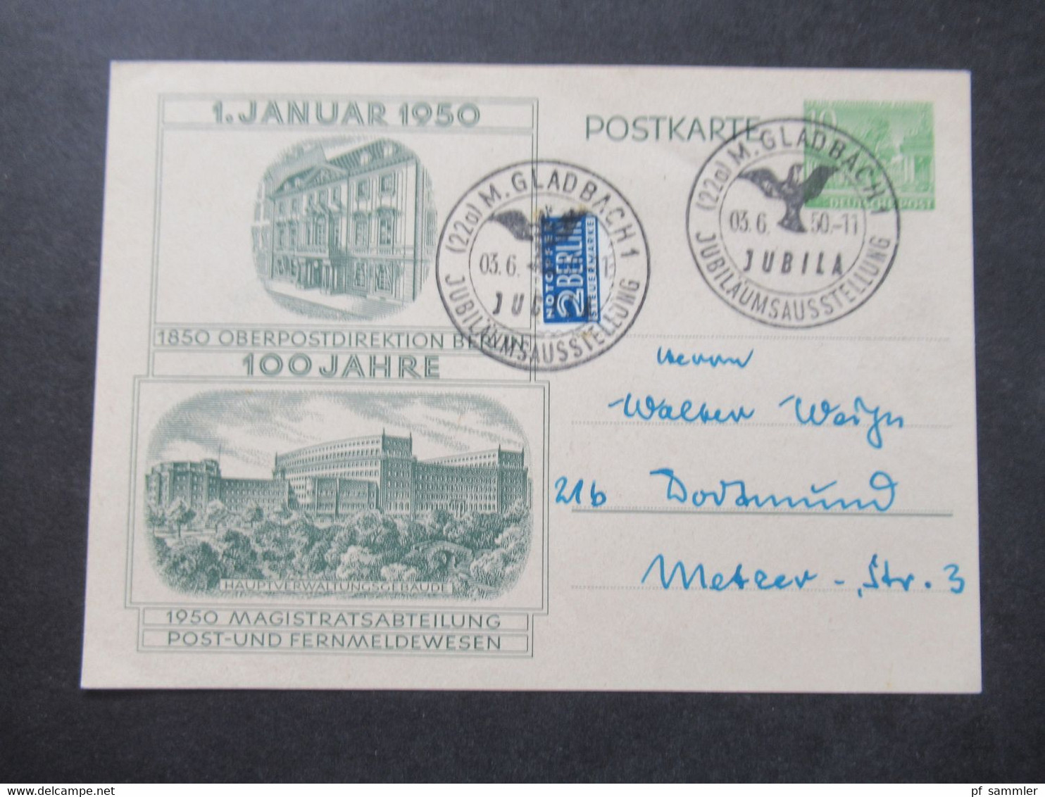 Berlin (West) 1950 Sonderpostkarte 100 Jahre Oberpostdirektion Berlin P 11 Mit Notopfer Und SSt M-Gladbach Jubila - Postkarten - Gebraucht