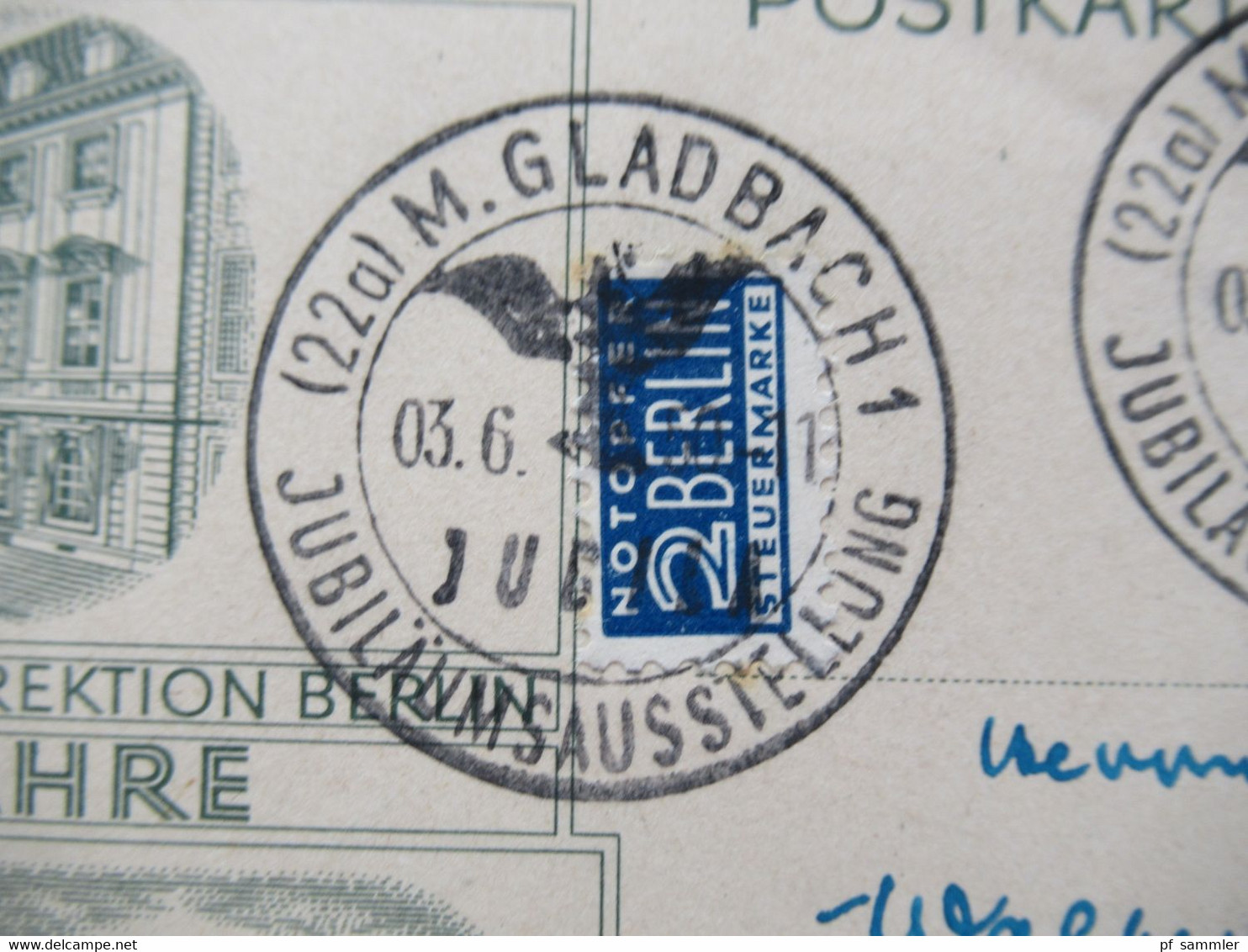 Berlin (West) 1950 Sonderpostkarte 100 Jahre Oberpostdirektion Berlin P 11 Mit Notopfer Und SSt M-Gladbach Jubila - Postkarten - Gebraucht