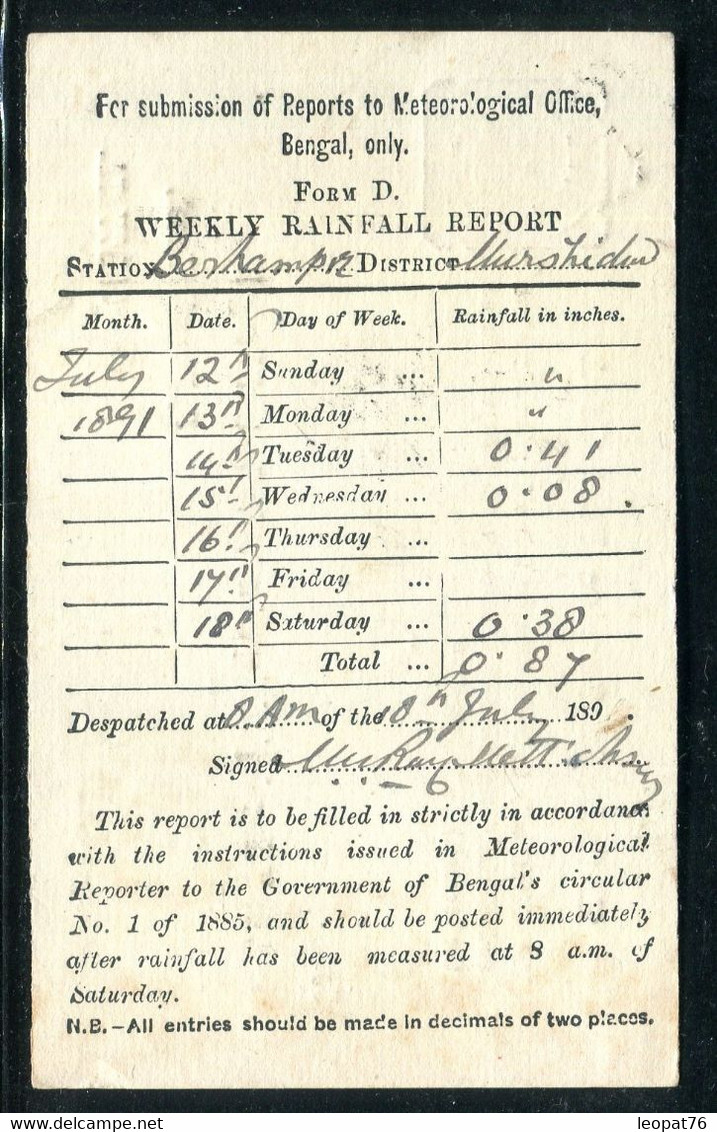 Indes Anglaises - Entier Postal Avec Repiquage Météorologique De Berhampore Pour Calcutta En 1891 - O 188 - 1882-1901 Empire