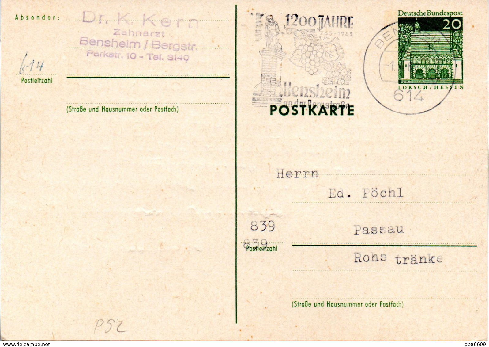 BRD Amtliche Ganzs.-Postk. P 92 WSt."Torhalle In Lorsch, Hessen" 20(Pf) Grün, MWSt 1.4.68 BENSHEIIM - Postkarten - Gebraucht