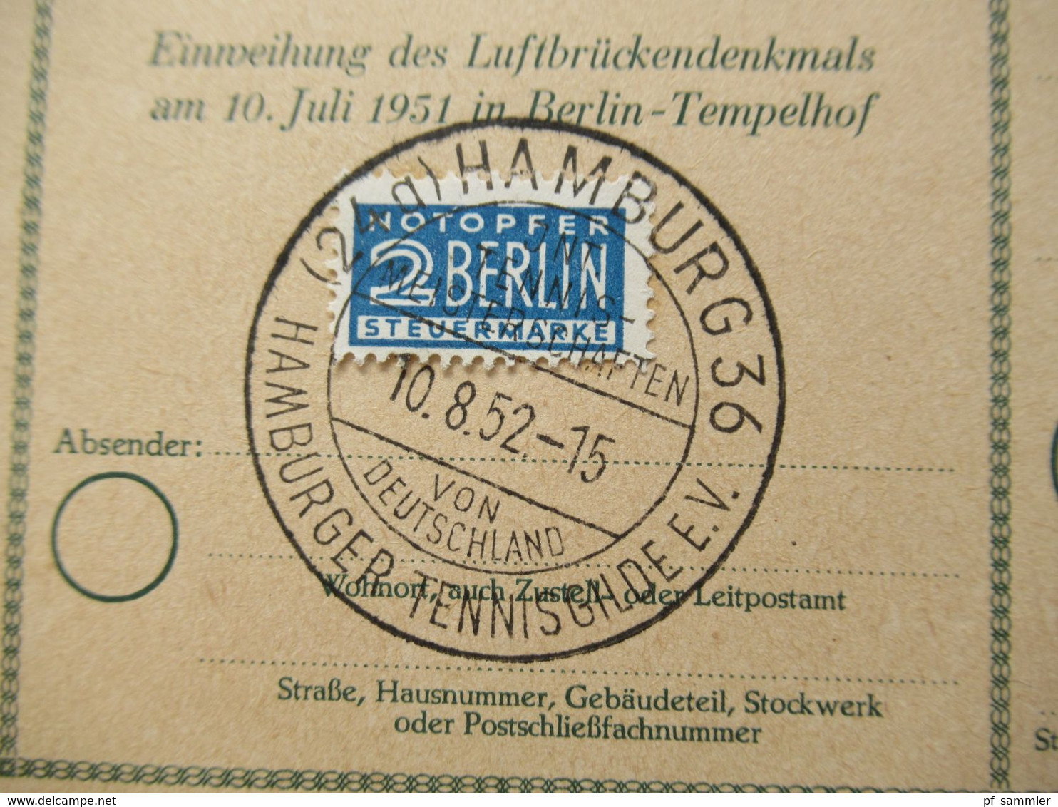 Berlin (West) 1951 Sonderpostkarte Einweihung Des Luftbrückendenkmals Ganzsache P 24 SSt Hamburger Tennisgilde - Postkarten - Gebraucht