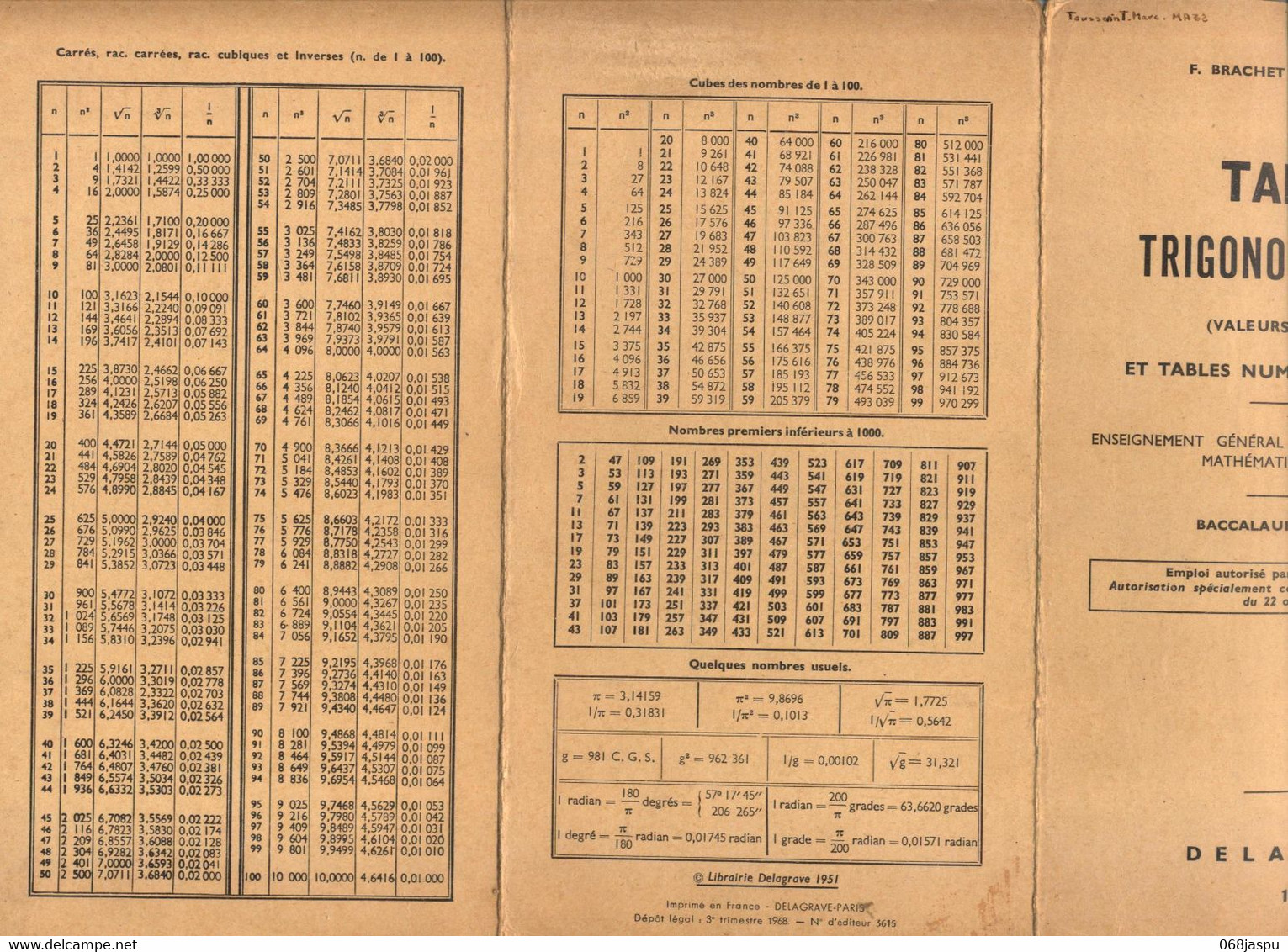 Table Trigonométrique 1968 - Supplies And Equipment