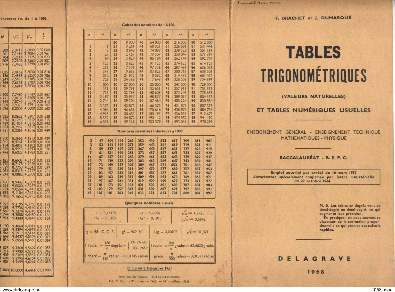 Table Trigonométrique 1968 - Materiaal En Toebehoren