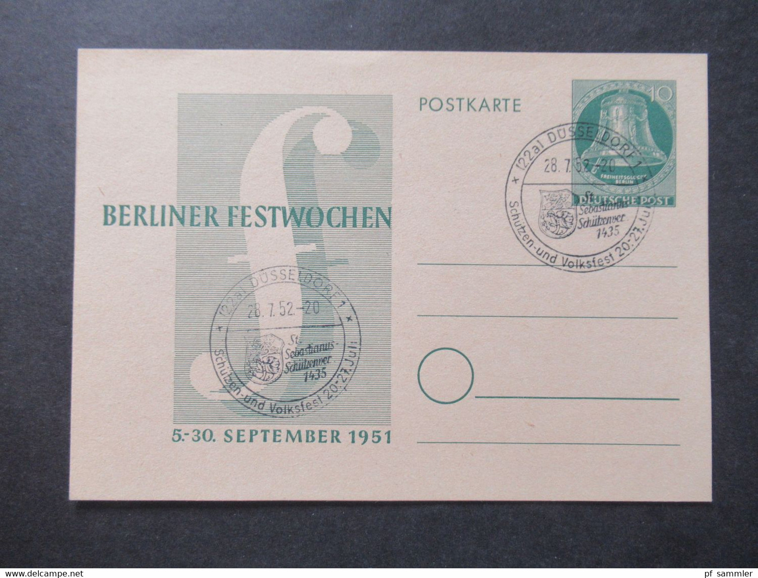 Berlin (West) 1951 Sonderpostkarte Berliner Festwochen Ganzsache P 26 SSt Düsseldorf 1 Sebastianus Schützenver. Volksfes - Postkarten - Gebraucht