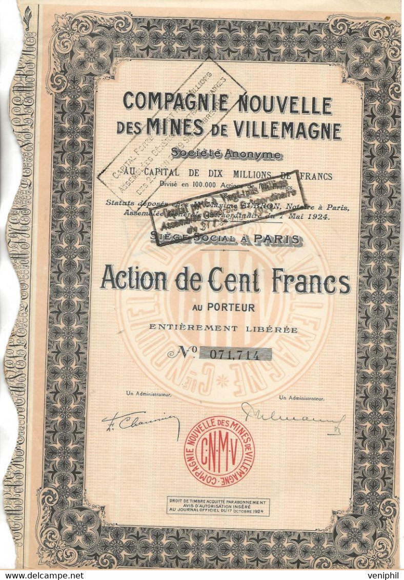 COMPAGNIE NOUVELLE DES MINES DE VILLEMAGNE - ST SAUVEUR CAMPRIEU -GARD - LOT DE 2 ACTIONS 100 FRS -1924 - Bergbau