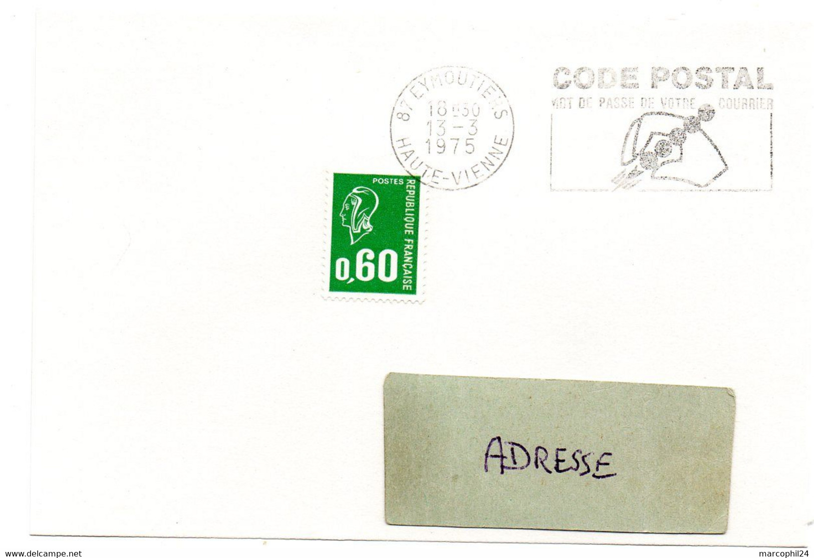 VIENNE / HAUTE - Dépt N° 87 = EYMOUTIERS 1975 =  FLAMME Codée FD =  SECAP Illustrée ' CODE POSTAL / Mot Passe' - Código Postal