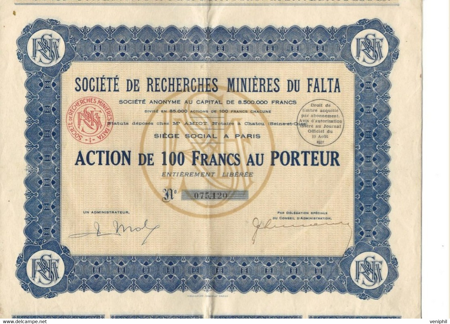 SOCIETE DE RECHERCHES MINIERES DU FALTA - TUNISIE - LOT DE 2  ACTIONS  DE 100 FRS - ANNEE 1931 - Bergbau
