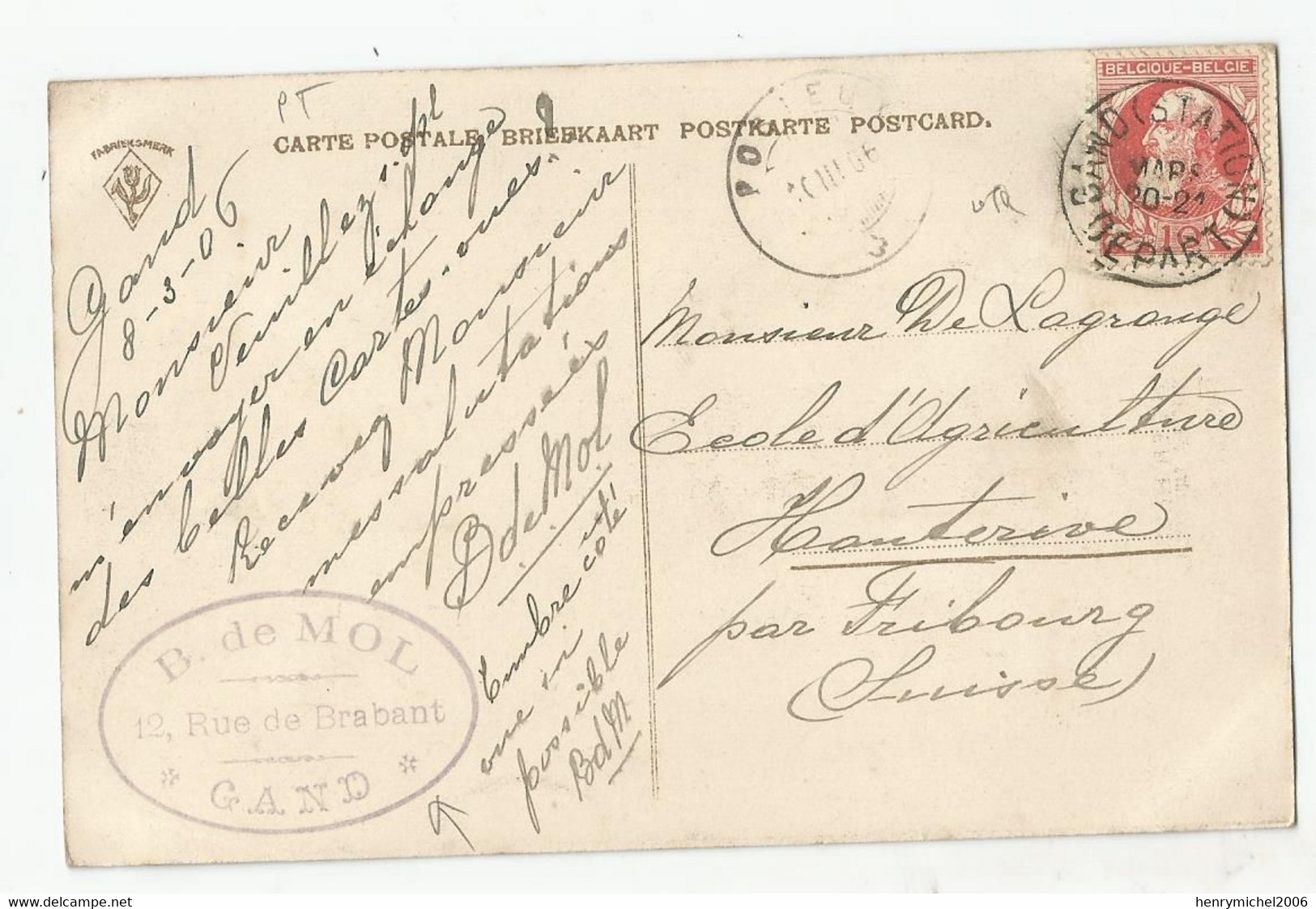 Belgique Gent Cachet Gand B De Mol 12 Rue De Brabant 1906 - Gent