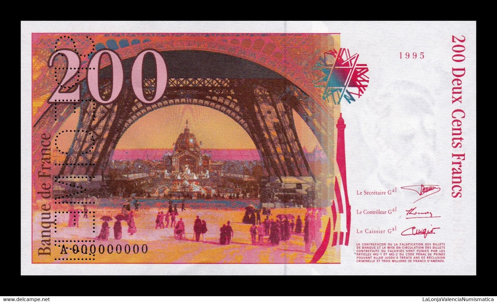 Francia France 200 Francs Gustave Eiffel 1995 Pick 159As Specimen SC UNC - 200 F 1995-1999 ''Eiffel''