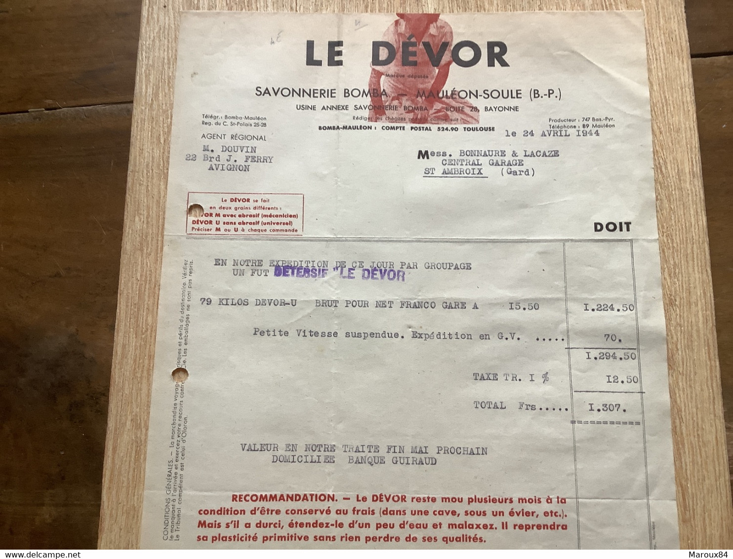 Dpt 64 'savonnerie Bomba Le Dévor Mauleon-soule 1944 - Droguerie & Parfumerie