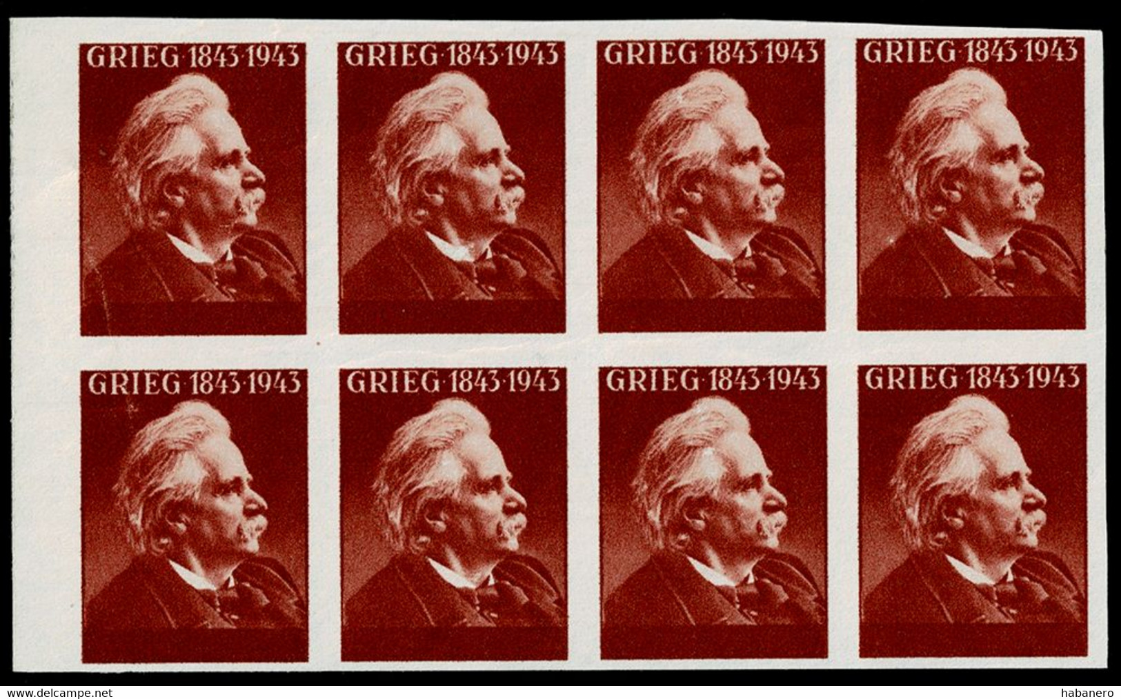 NORWAY 1951 EDVARD GRIEG MACHINE TEST PRINT MINT IMPERFORATED BLOCK OF 8 STAMPS ** - Errors, Freaks & Oddities (EFO)