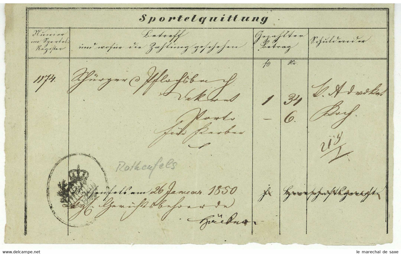 Rothenfels Unterfranken 1850 Sportelquittung - 1800 – 1899