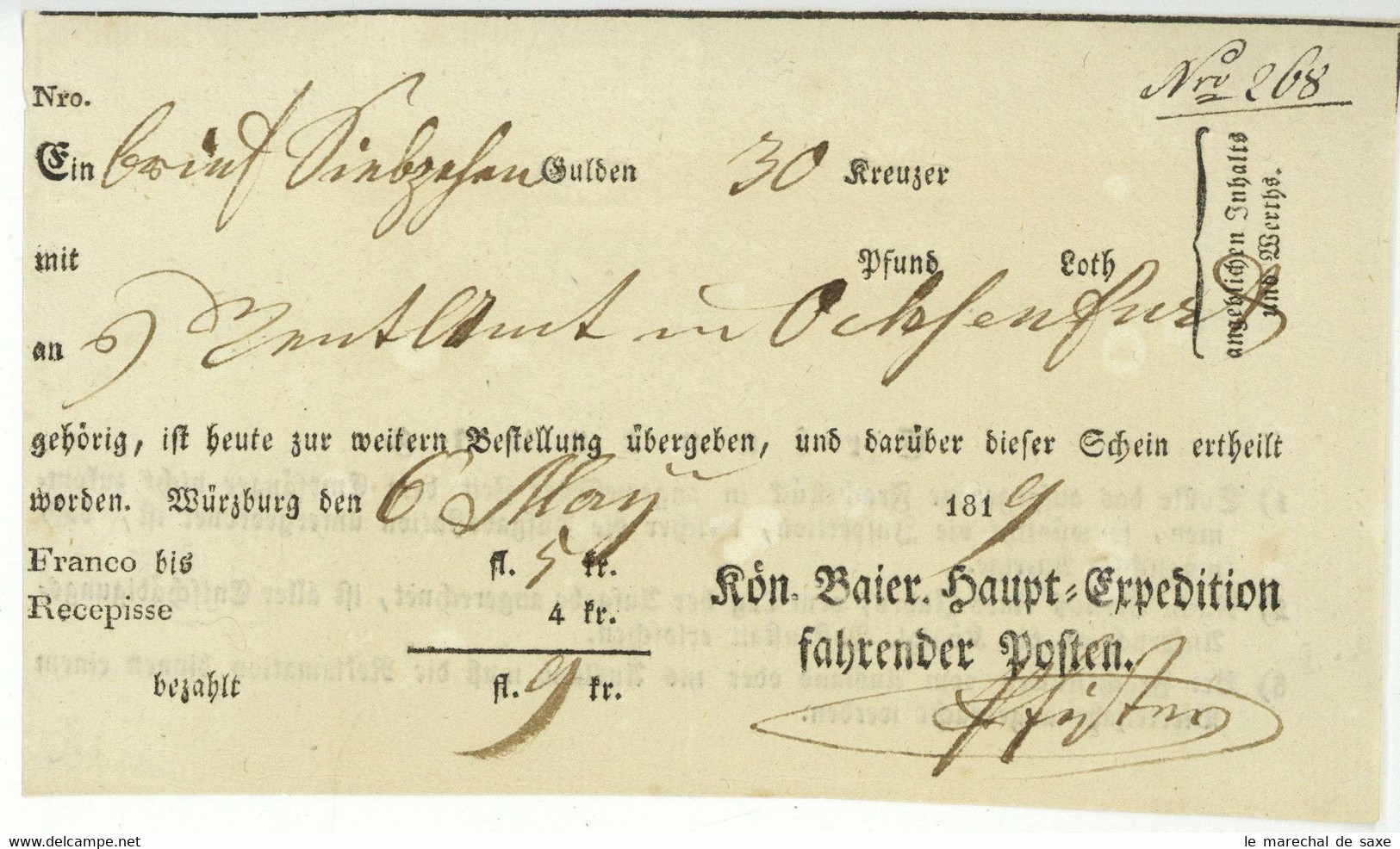 Würzburg Nach Ochsenfurt 1819 Postschein Königlich Bayerische Haupt-Expedition Fahrender Posten - 1800 – 1899