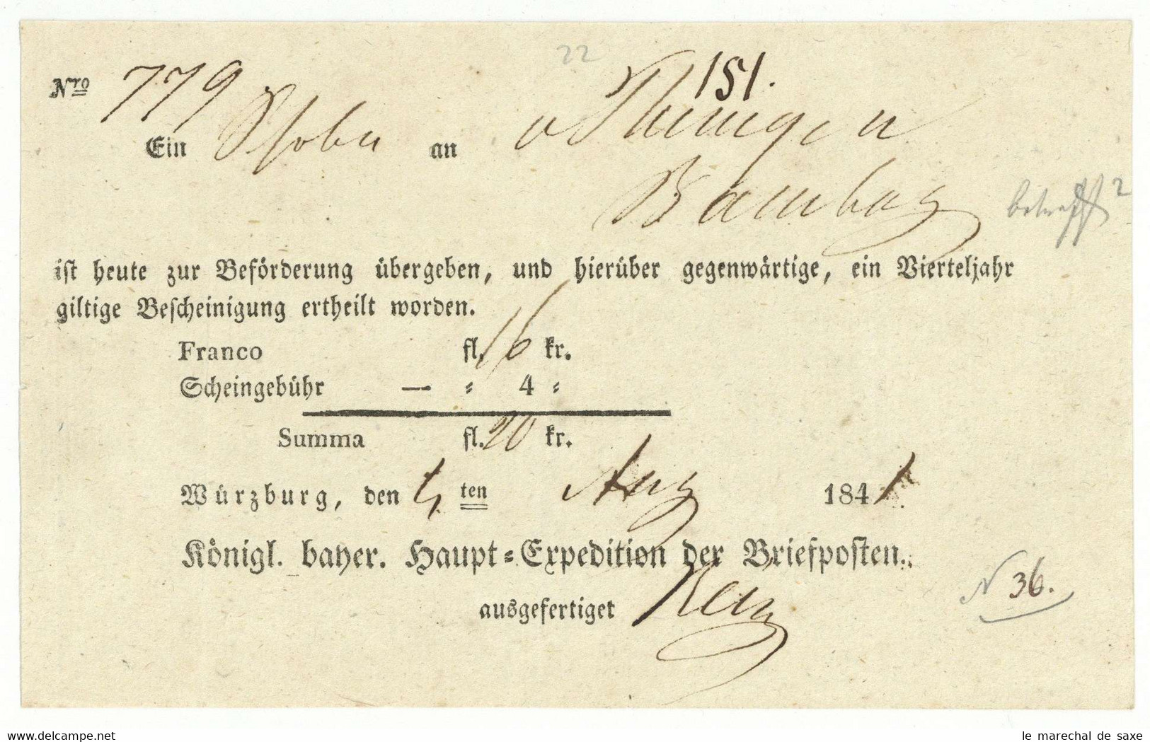 Würzburg Nach  Bamberg V Thüngen 1841 Postschein Königlich Bayerische Haupt-Expedition Der Briefposten - 1800 – 1899