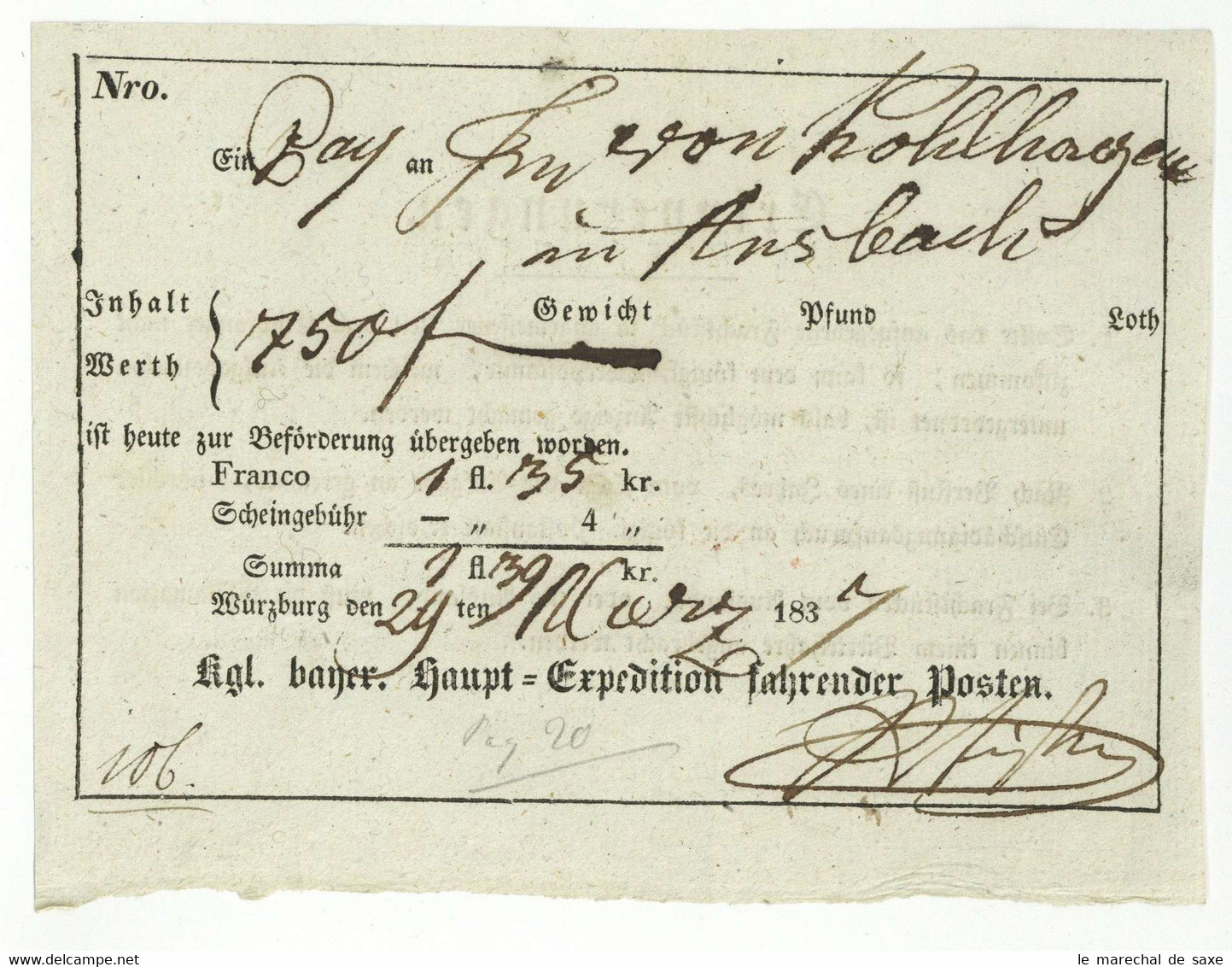 Würzburg 1837 Postschein Königlich Bayerisches Postamt Nach Ansbach Expedition Fahrender Posten - 1800 – 1899