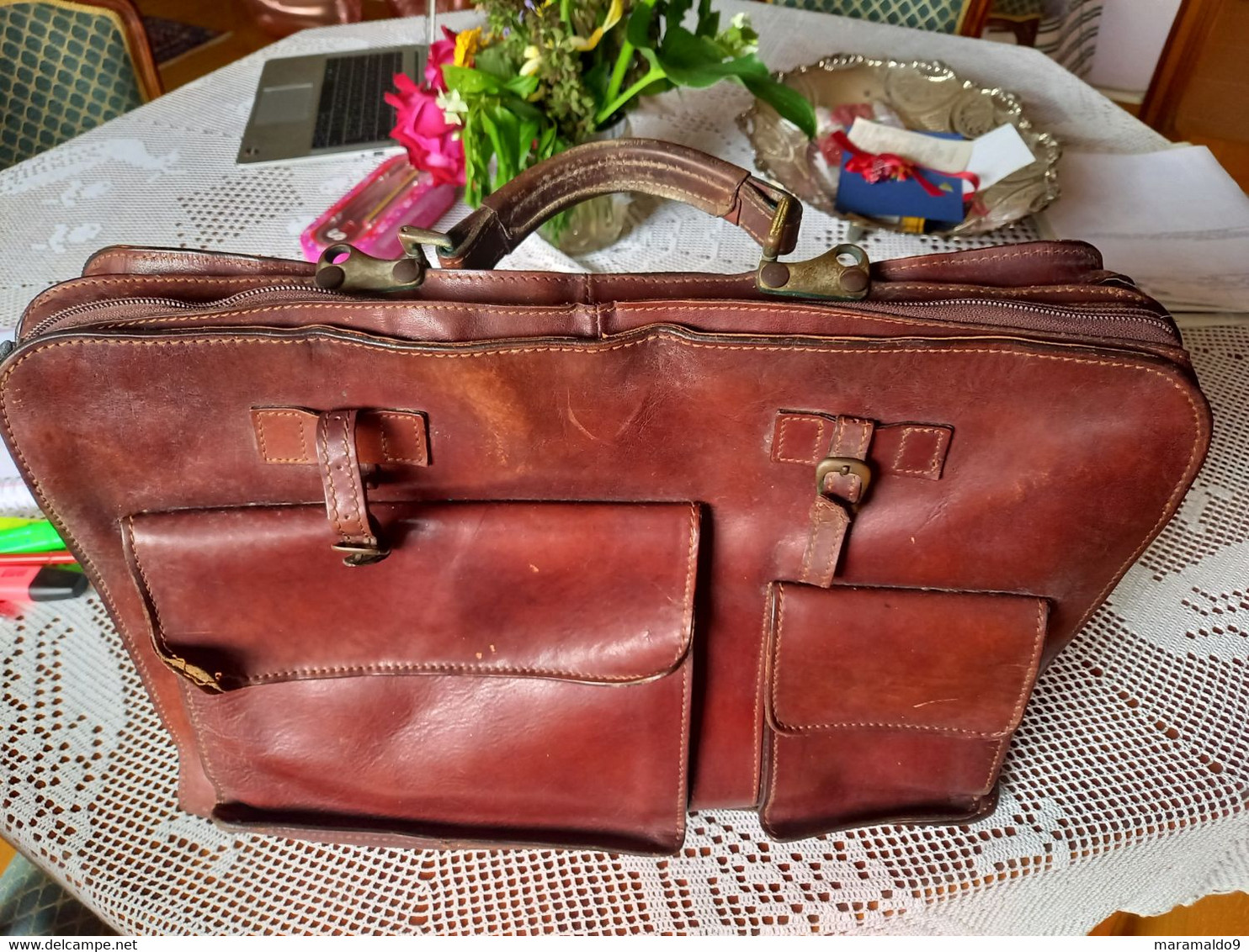 CARTELLA IN CUOIO VALIGIA ARTIGIANALE BORSA UNISEX ANNI 60 - Marroquinería