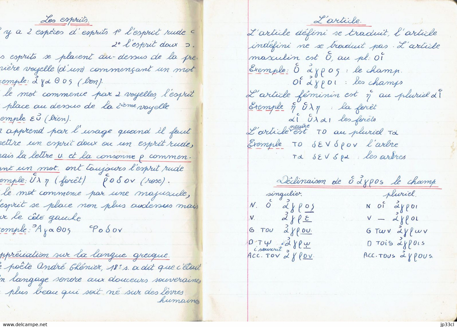 Grec Ancien : Cahier De Classe D'un élève De L'enseignement Secondaire (Belgique, Vers 1960, 92 Pages) - Manuscrits