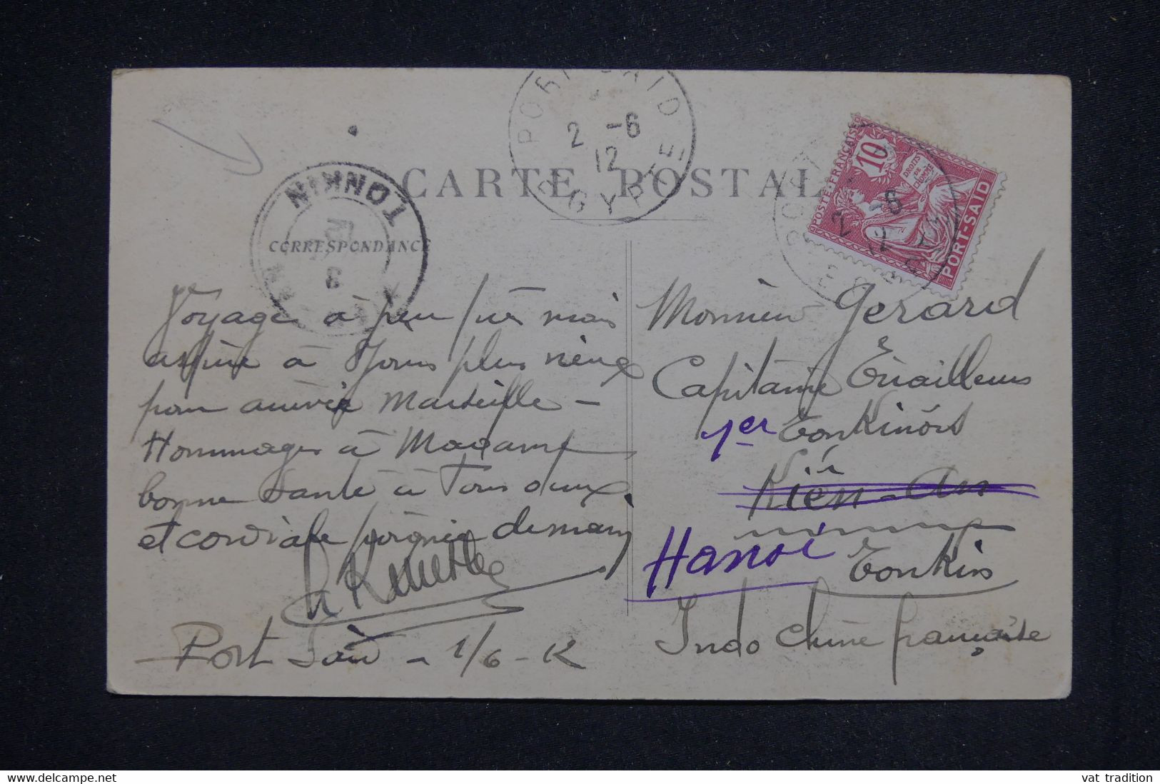 PORT SAÏD - Type Mouchon  De Port Saïd Sur Carte Postale En 1912 Pour Un Soldat Au Tonkin - L 132758 - Briefe U. Dokumente