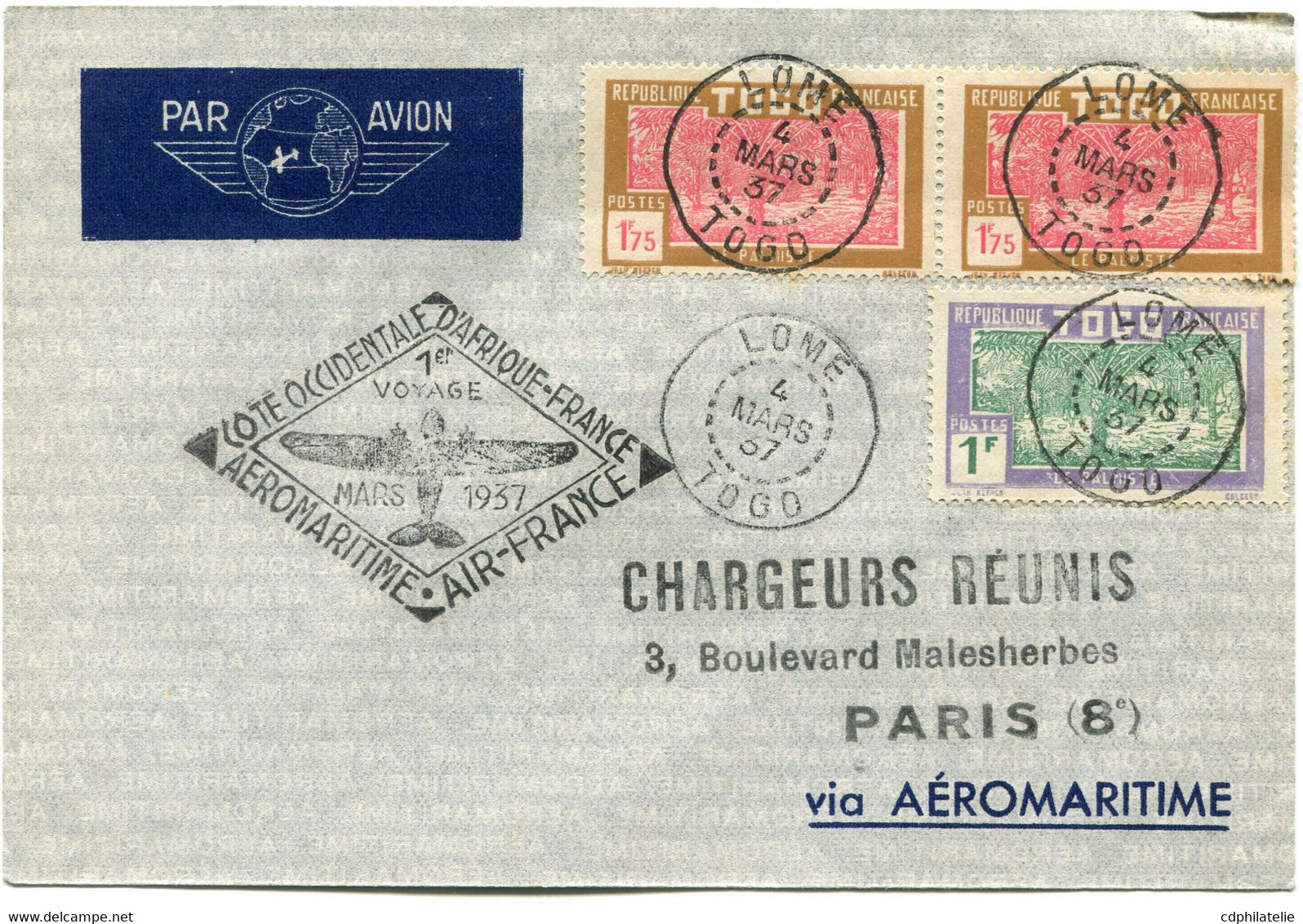 TOGO LETTRE PAR AVION VIA AEROMARITIME DEPART LOME 4 MARS 37 TOGO POUR LA FRANCE - Cartas & Documentos