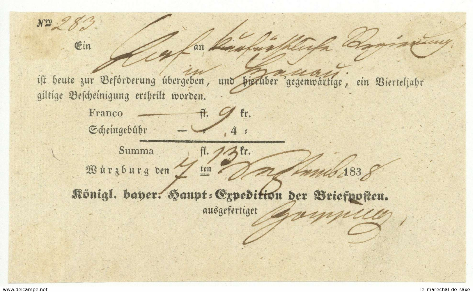 Würzburg 1838 Postschein Nach Hanau Königreich Bayern Expedition Briefposten - 1800 – 1899