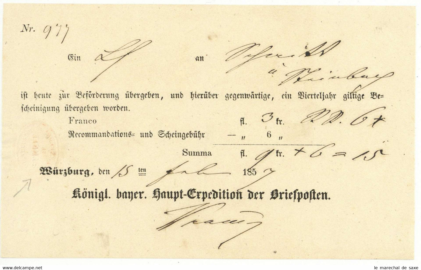 Würzburg 1857 Postschein Nach Steinbach Königreich Bayern Expedition Briefposten Stempel Advokat Streit - 1800 – 1899
