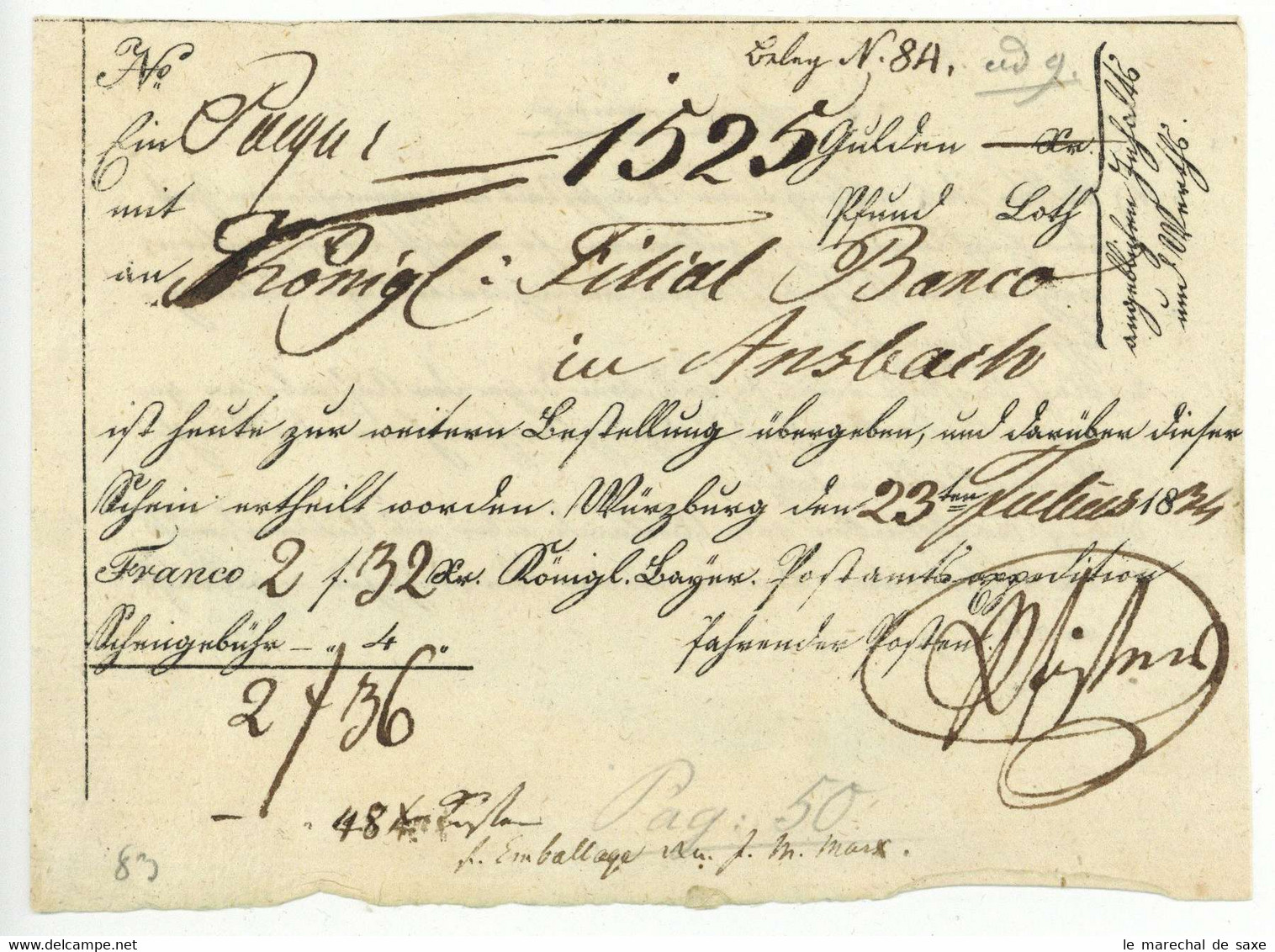 Würzburg 1834 Postschein Nach Ansbach Königreich Bayern Expedition Fahrender Posten - 1800 – 1899