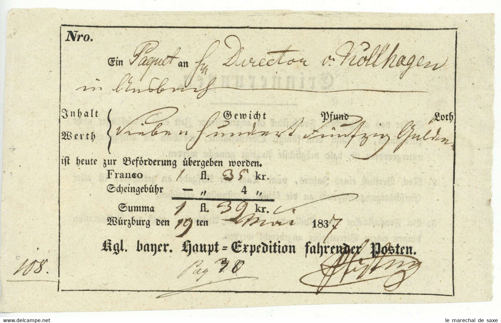 Würzburg 1837 Postschein Nach Ansbach Königreich Bayern Expedition Fahrender Posten - 1800 – 1899