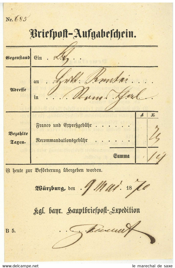 Würburg 1870 Briefpost Aufgabeschein Postschein Romsthal - 1800 – 1899