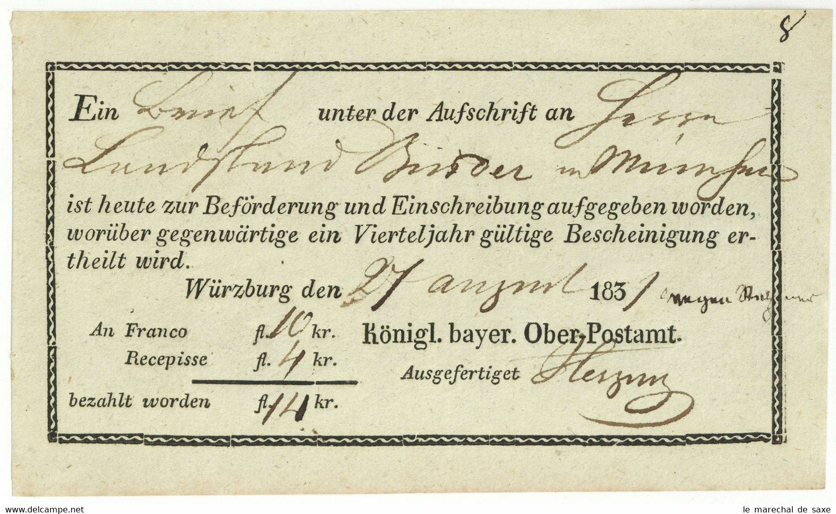 Würburg 1831 Briefpost Königreich Bayern Postschein Nach München - 1800 – 1899