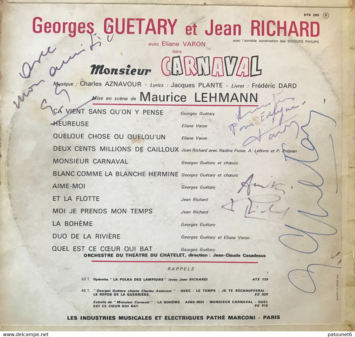 Monsieur CARNAVAL  -  Georges GUETARY, Pierre RICHARD, Eliane VARON (3 Dédicaces) - Opera / Operette